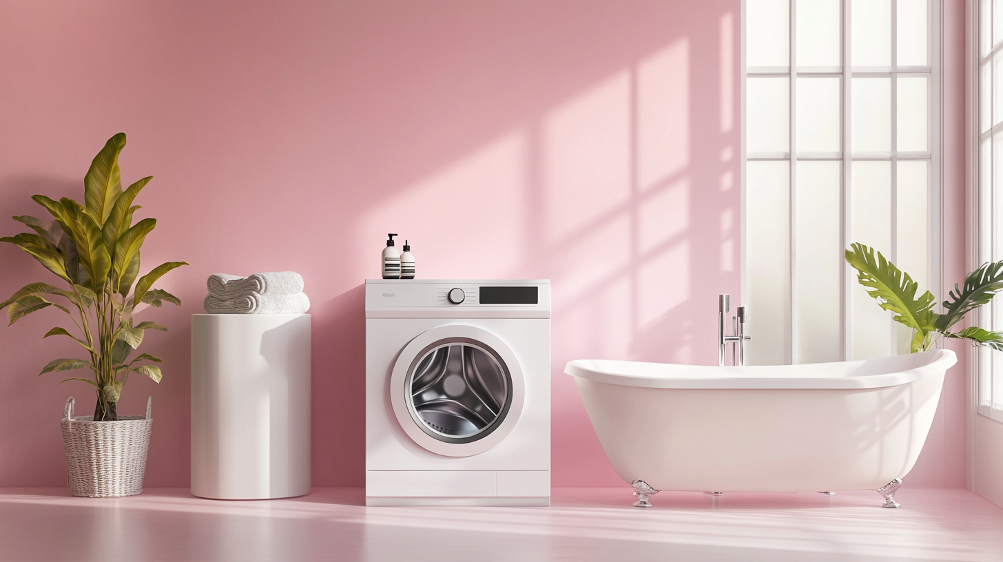 미니멀한 디자인의 최신 세탁기가 우아한 욕실 인테리어와 어우러지는 모습