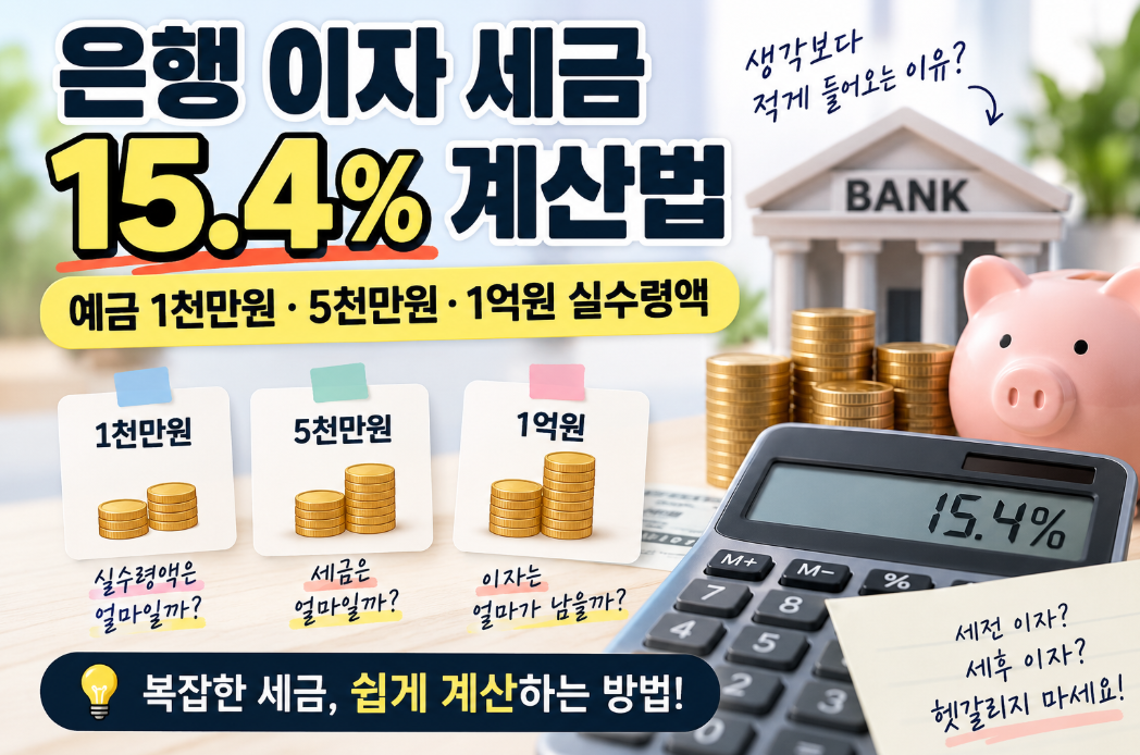 은행 이자 세금 15.4% 계산법｜예금 1천만원&middot;5천만원&middot;1억원 실수령액