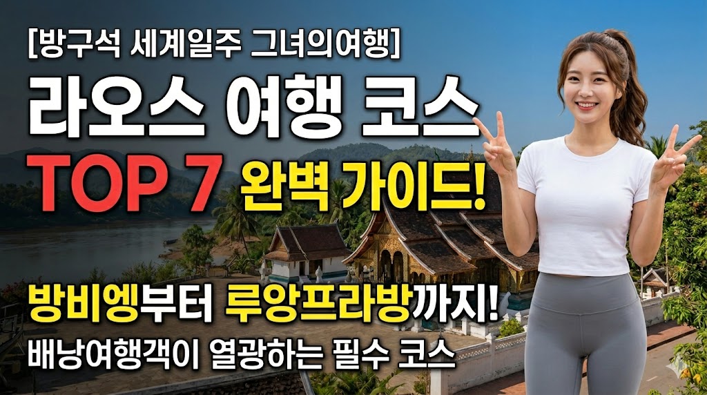 [방구석 세계일주 그녀의여행] 라오스 여행 실전 꿀팁 완벽 압축 가이드 인포그래픽 이미지. 어깨 길이의 검은색 웨이브 포니테일 머리를 한 젊은 한국 여성 여행자(키 165cm, 52kg)가 흰색 반팔 티셔츠와 청바지를 입고, 웅장한 라오스 사원과 푸른 산맥, 멀리 여유로운 라오스 도시 스카이라인을 배경으로 환한 미소와 양손 브이를 하며 카메라를 향해 걸어오는 매력적인 앞모습. 그녀 주변과 Ground Map에는 여러 multi-layered interactive holographic cards가 떠 있으며, glowing digital paths가 그녀의 손과 Ground Map을 연결하고 있다. 상단에는 '[방구석 세계일주 그녀의여행] 라오스 여행 코스 TOP 7 완벽 가이드!'라는 가시성 높은 한글 제목이 있으며, 하단에는 '**방비엥부터 루앙프라방까지** \n **배낭여행객이 열광하는 필수 코스**' 등의 정보가 아이콘과 함께 깔끔하게 정리되어 있다. 이국적이고 매력적인 고화질 이미지.