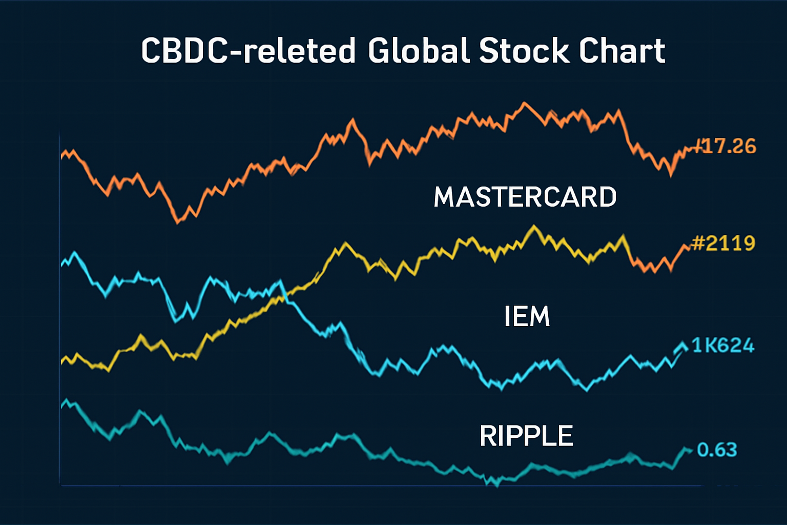 A chart displaying the stock price fluctuations of global companies like IBM, VISA, Mastercard, and Ripple related to CBDC