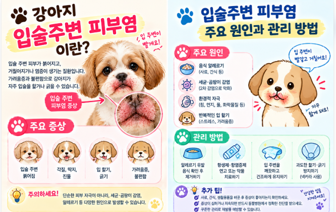 강아지 입술 주변 피부염 원인과 치료법｜입 주변 빨갛게 변하고 딱지&middot;고름이 생기는 이유
