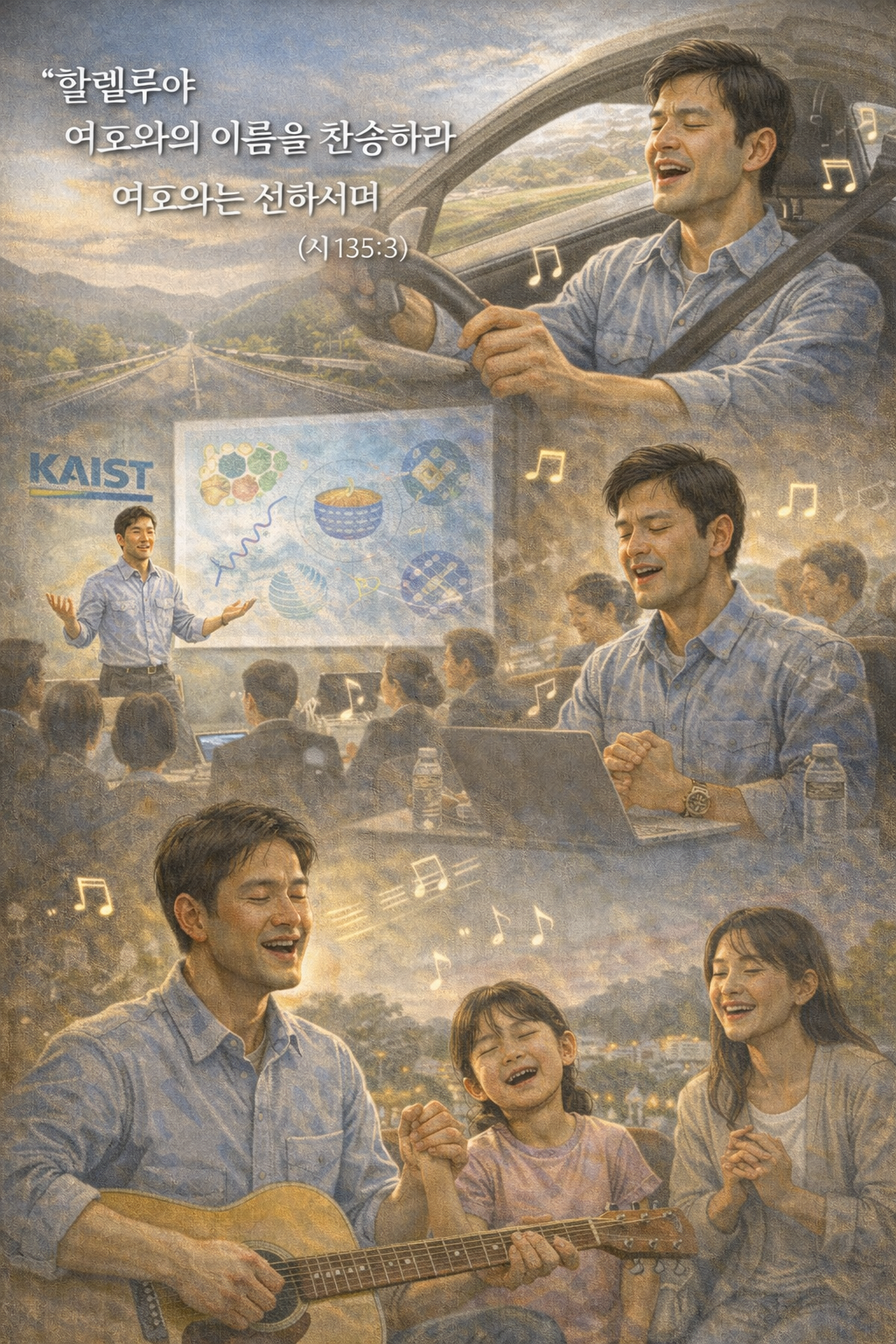 행 3:19 말씀을 보며&amp;#44; 제가 변화되고 하나님께로 되돌아가는 삶을 사는 것이 중요함을 다시금 생각하게 되었고&amp;#44; 하나님께로 되돌아가기 위해 일상에 지속적으로 기도하는 시간을 짧게 가지는 모습을 그려주세요. 오늘은 워크샵을 위해 이동하는 시간을 가질 것이며&amp;#44; 차로 운전해서 이동하는 중에 주님을 찬양하고 워크샵 중에도 주님을 생각하는 시간을 가질 것을 적용하는 모습입니다.