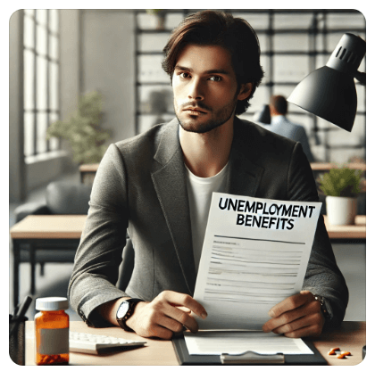 업급여 서류를 작성하며 건강 문제로 피로해 보이는 사람의 모습