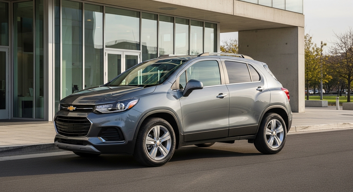 세련된 쉐보레 트랙스 크로스오버가 건물 앞에 주차된 모습, 가성비 좋은 디자인을 강조합니다.