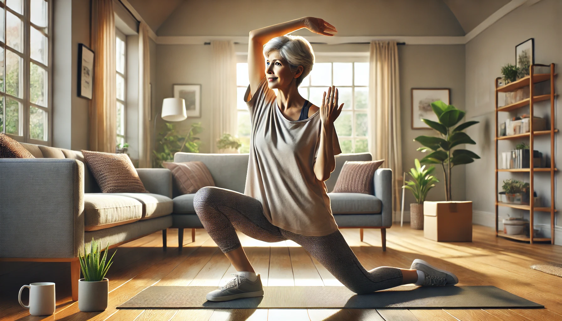 갱년기의 중년 여성이 집에서 운동하는 모습