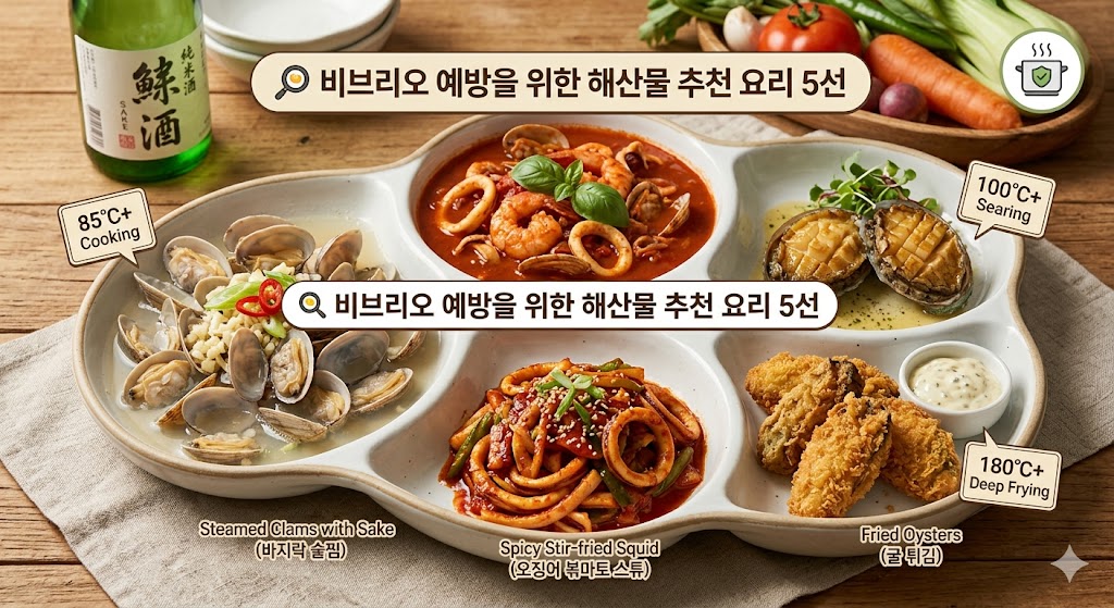 비브리오 예방을 위한 5가지 추천 해산물 요리(바지락 술찜, 해물 스튜, 전복 스테이크, 오징어 볶음, 굴 튀김)와 안전 조리 온도 안내