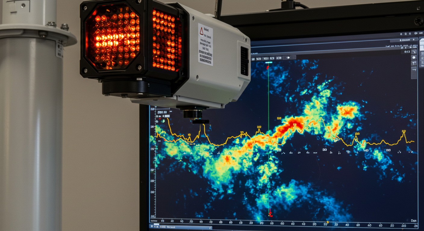 적외선 센서와 인공지능 영상 분석 기술이 결합된 고도화된 기상 위성 관측 개념도
