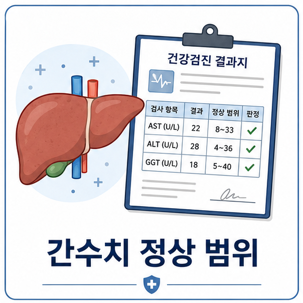 간 모양 아이콘과 건강검진 결과지로 표현한 간수치 정상 범위 안내