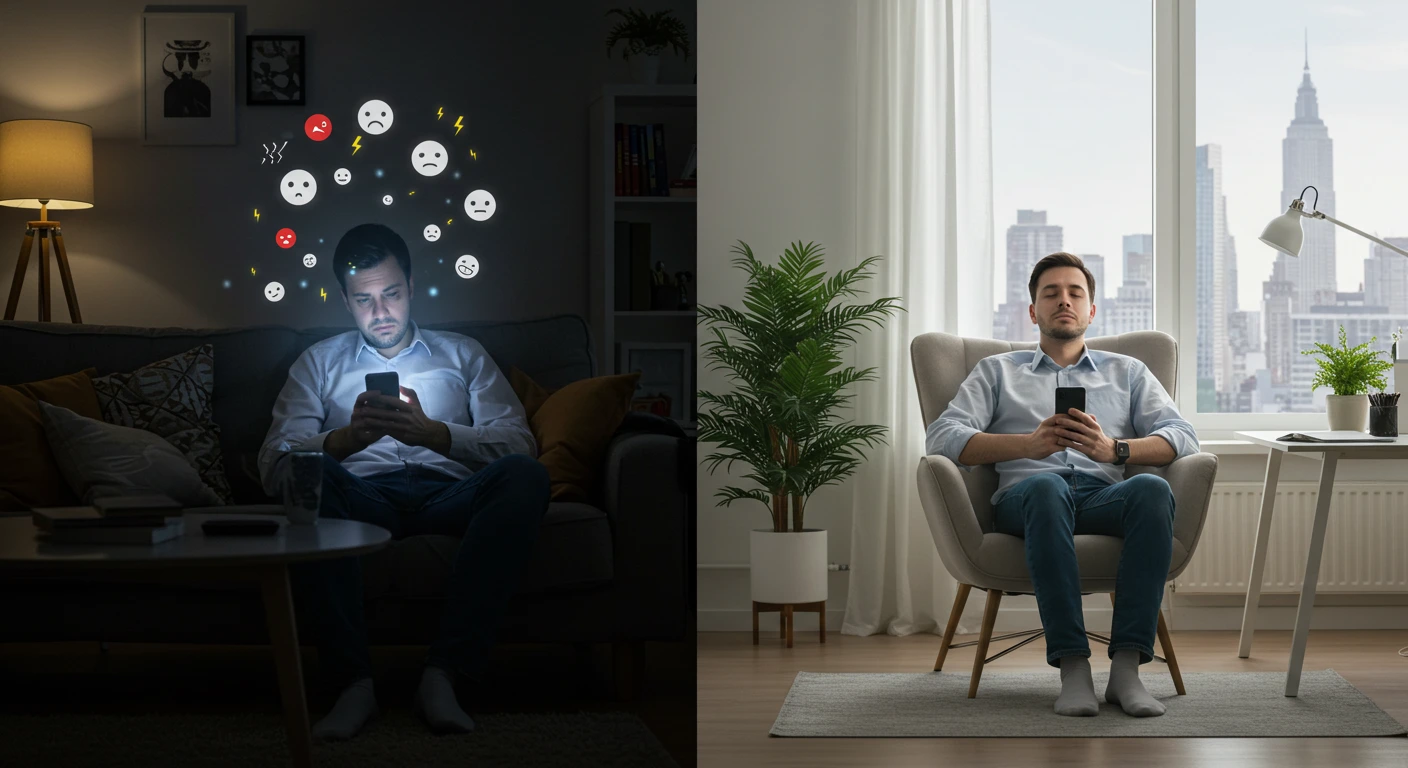 가짜 휴식으로 스마트폰을 보며 스트레스받는 남성과, 진짜 휴식을 통해 평온하게 재충전하는 남성의 모습을 대비하여 보여주는 이미지.