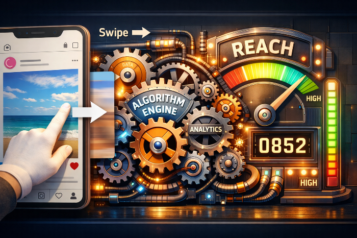 슬라이드를 넘길 때마다 상승하는 알고리즘 도달률 게이지