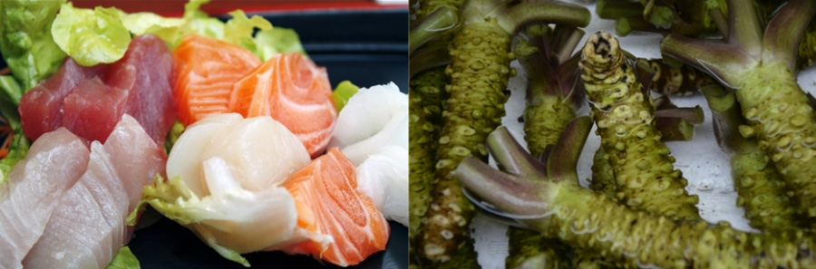 왼쪽 사진은 각종 생선의 살을 썰어 놓은 생선회를 가지런히 담아 두고 찍은 사진이고, 오른쪽 사진은 야생에서 채취를 한 고추냉이를 잘 손질해서 물에 담가두고 확대를 하여 찍은 사진
