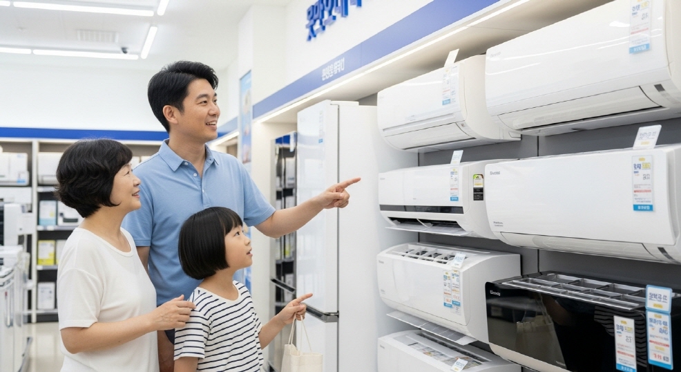 가전제품 매장에서 에어컨을 보는 가족