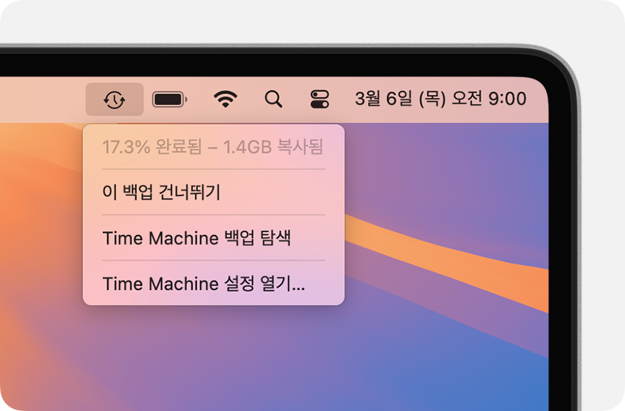 Time Machine 메뉴에 17.3% 완료됨과 1.4GB 복사됨이 보이는 Apple 공식 한국어 예시