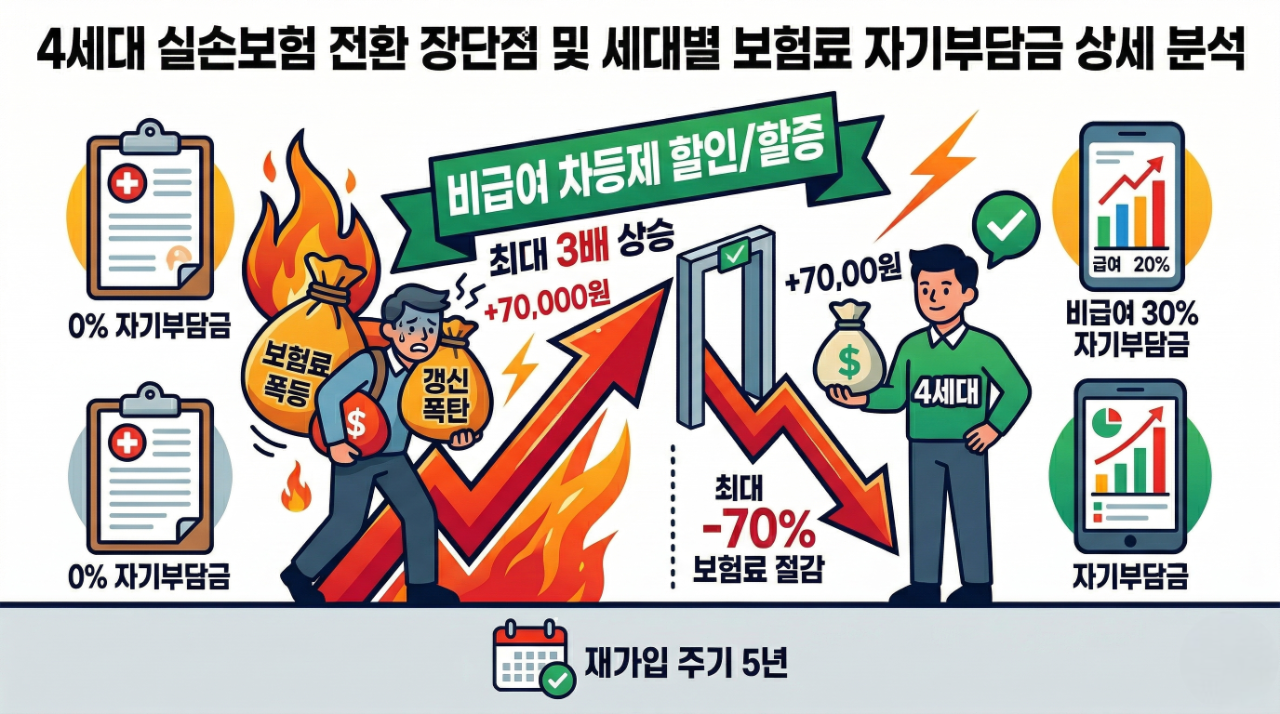 4세대 실손보험 전환 실익 분석 및 1~4세대 보험료 자기부담금 비교 인포그래픽