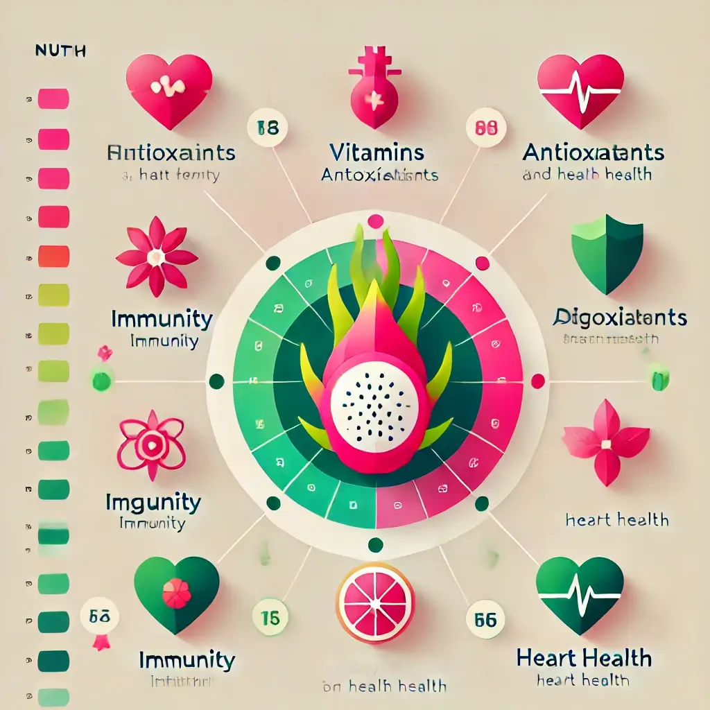 용과의 건강 효능을 설명하는 깨끗하고 간단한 영양 차트로, 비타민과 항산화 성분이 강조된 이미지