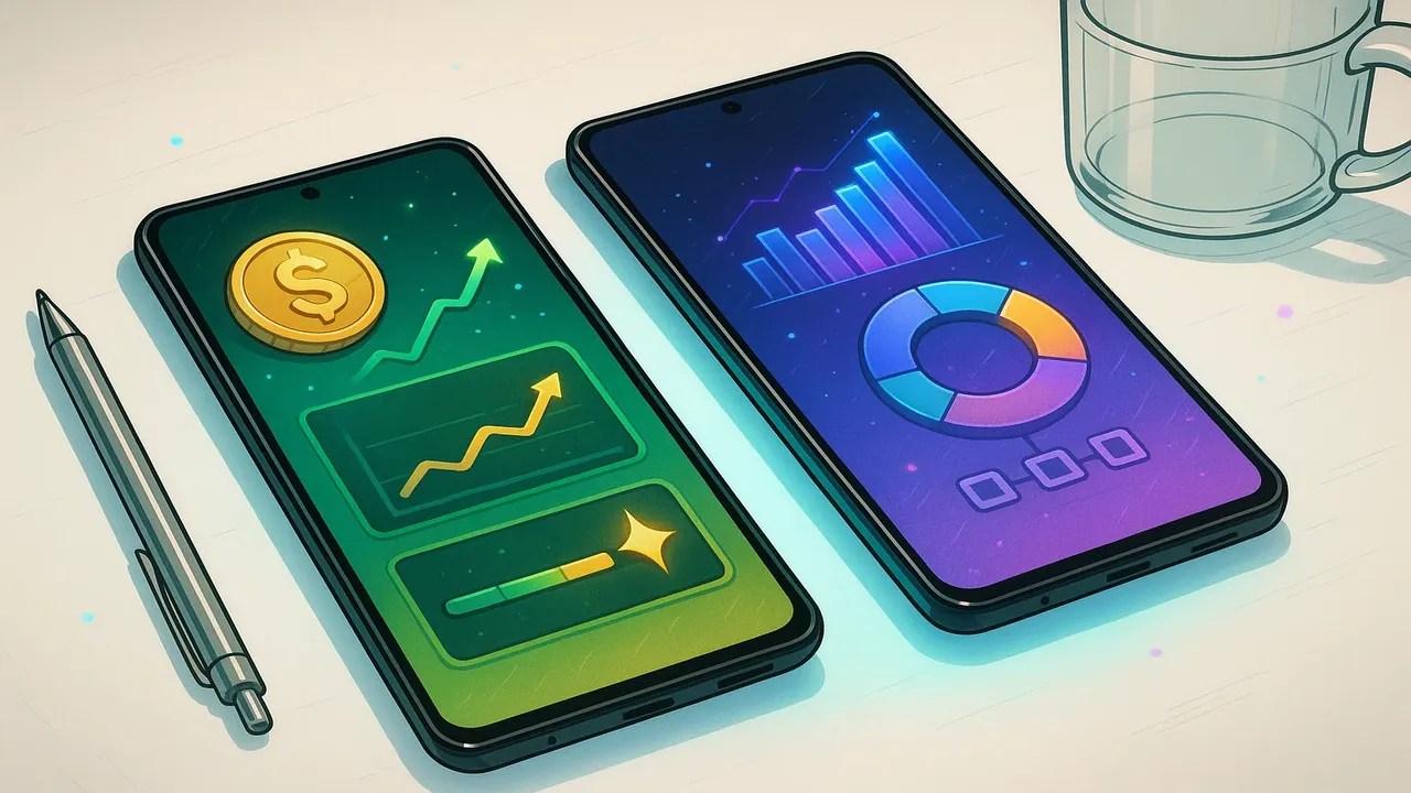 더리치와 도미노 앱 화면을 나란히 비교한 모바일 스크린샷으로 배당주 특화 기능과 통합 자산관리 인터페이스의 차이를 보여주는 모습