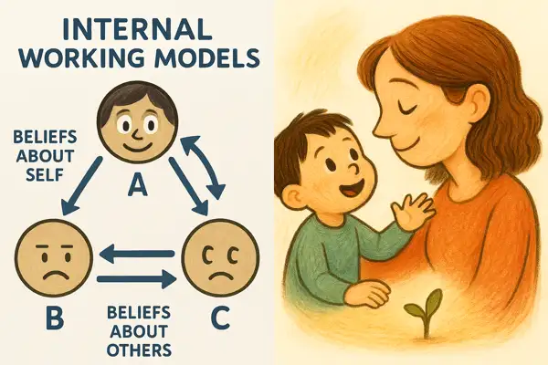성인 애착 유형 형성에 영향을 미치는 내적 작동 모델 개념과 어린 아이와 양육자의 따뜻한 상호작용을 표현한 일러스트