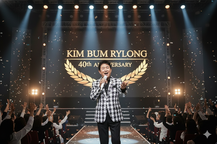 화려한 조명 아래 40주년 기념 로고와 함께 열창하며 감동을 선사하는 김범룡의 모습