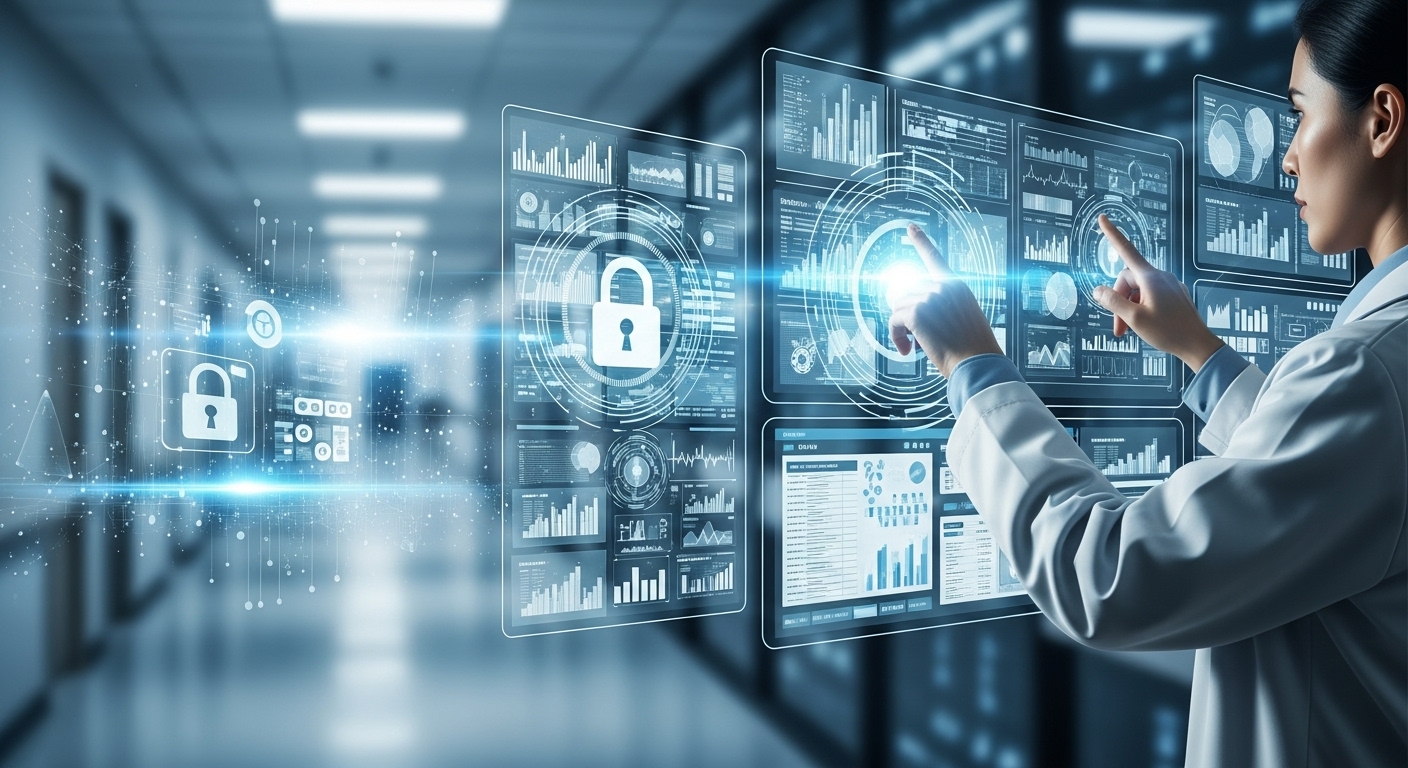 병원 데이터 관리 시스템 앞에서 업무를 처리하고 있는 보건의료정보 관리사의 모습. 디지털화된 의료 정보와 차트를 분석하며 데이터를 안전하게 보호하는 전문가의 역할을 시각화합니다.