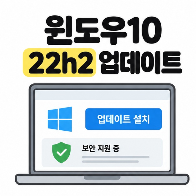 윈도우10 22h2 업데이트 제목 아래 업데이트 설치 버튼과 보안 지원 중 문구, 초록색 방패가 표시된 설명용 노트북 그림
