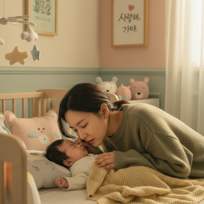 아기의 숨소리를 체크하며 건강 상태를 살피는 걱정스러운 표정의 엄마