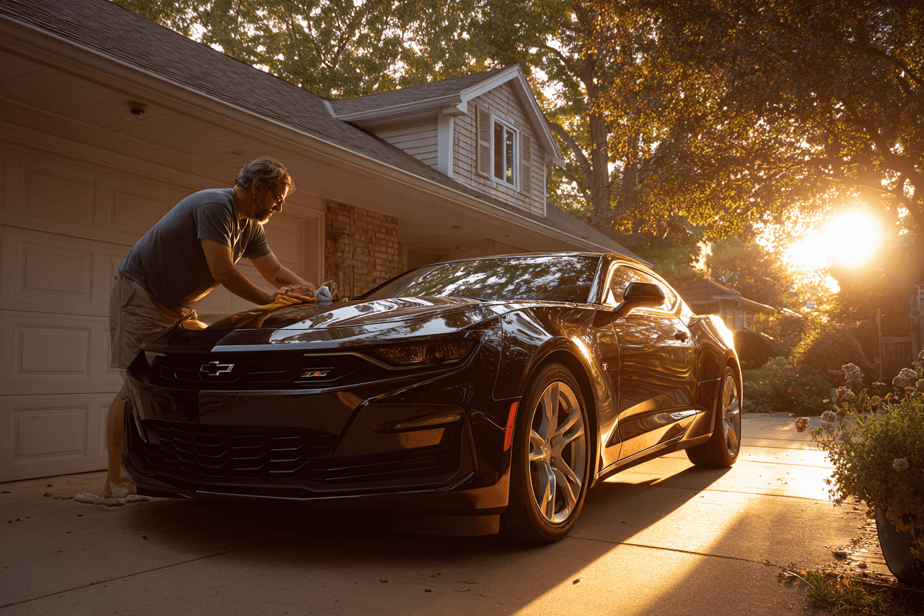 집-앞에서-자동차를-관리하고-있는-남자