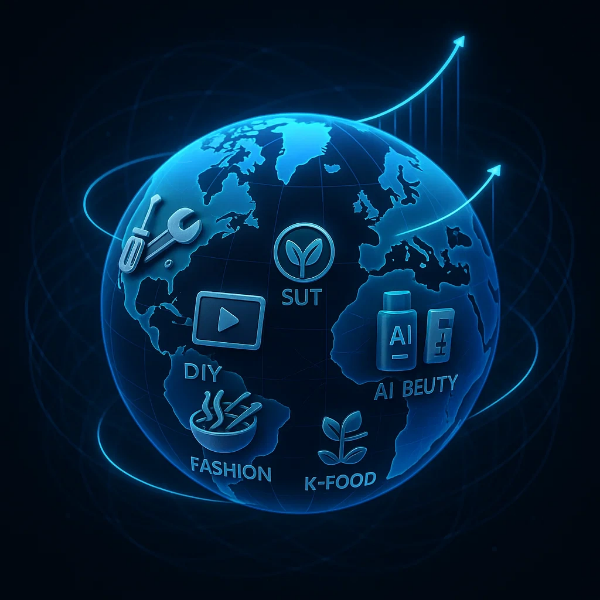 지구본 형태의 홀로그램 위에 DIY, K-푸드, AI 뷰티, 패션, 영상, 친환경 아이콘이 각 대륙별로 표시되어 K-디지털 소비문화의 글로벌 확산을 상징하는 이미지