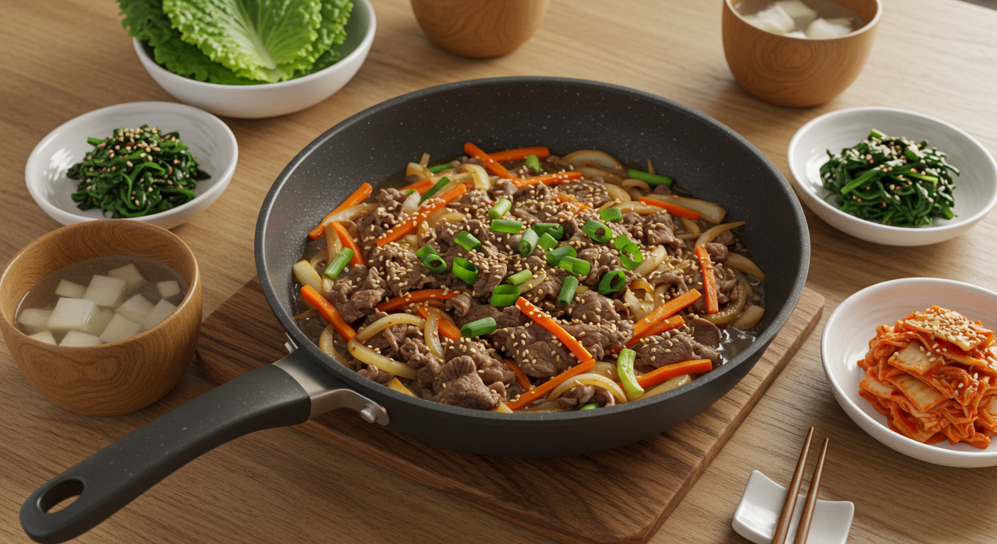 Homemade Korean bulgogi with vegetables and side dishes on a family table ❘ 가정식 상차림 불고기와 채소·밑반찬