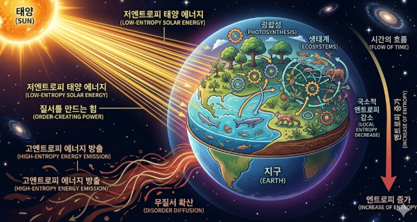 "태양 에너지 유입에 따른 지구의 국소적 엔트로피 감소 도식화"