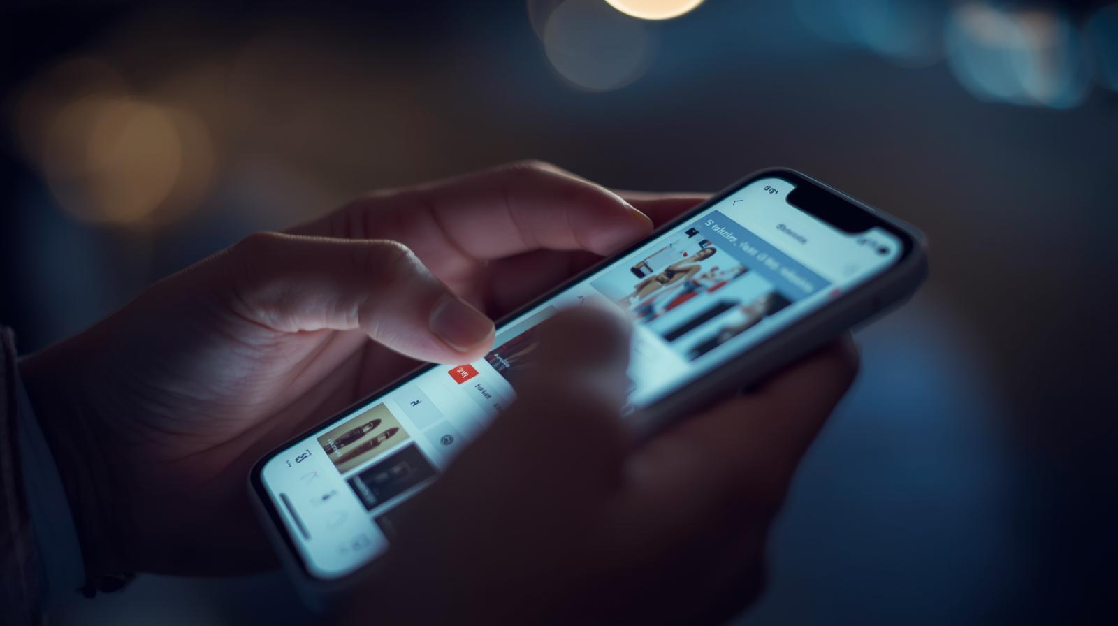 쇼핑 앱을 무심히 보는 손의 클로즈업