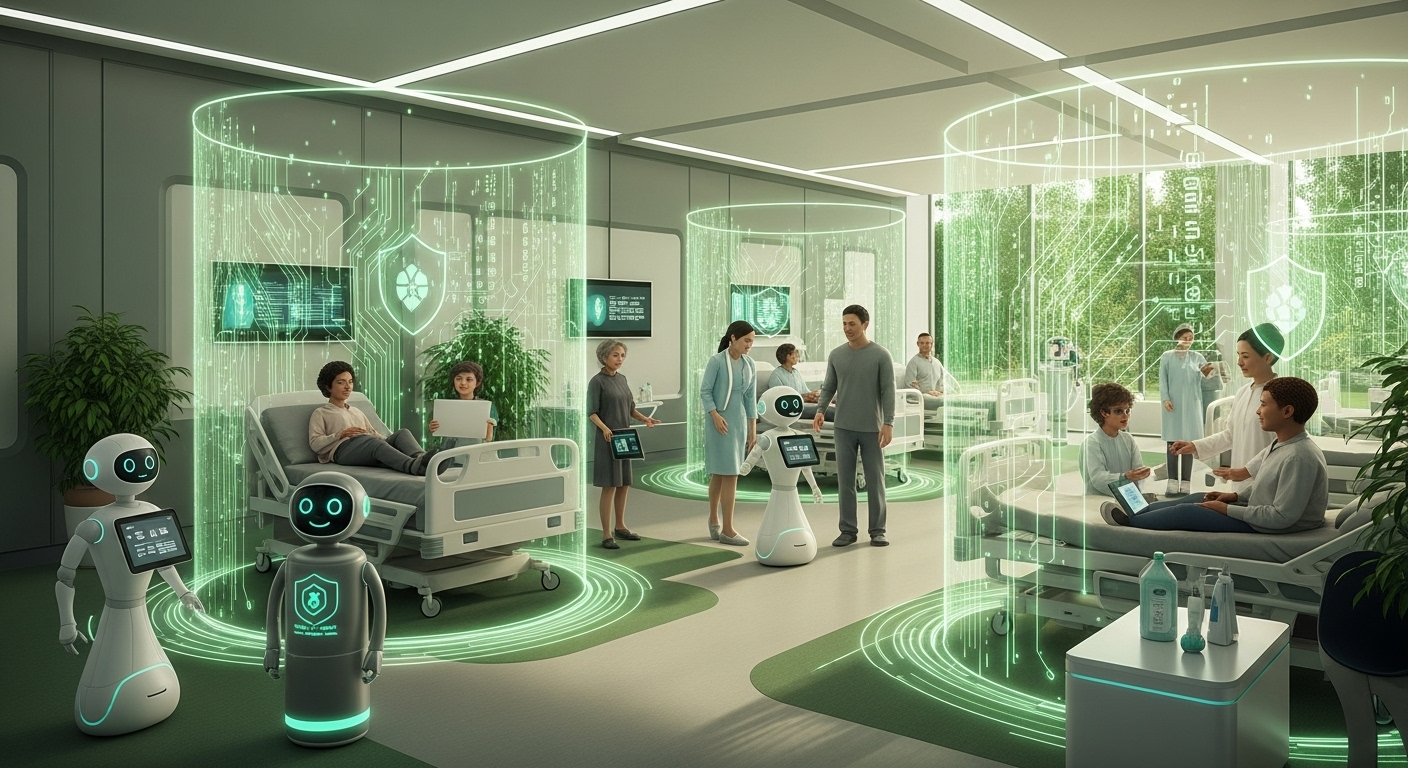 디지털 쉴드(방패)로 안전하게 보호받는 환자의 의료 데이터와 안심하는 환자, AI 로봇을 표현한 3D 보안 일러스트