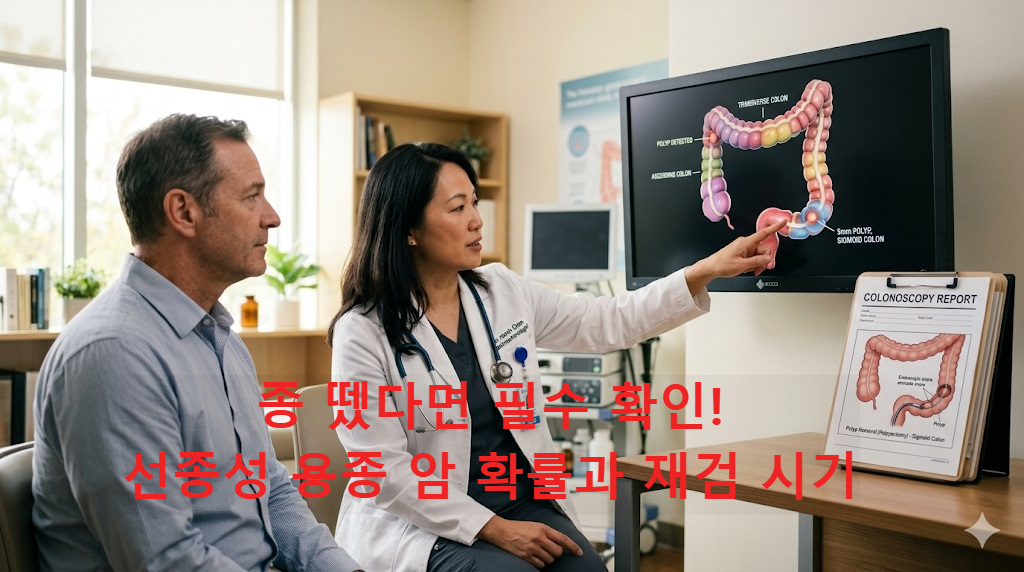 2026 대장내시경 결과 해석과 대장 용종 종류, 선종성 용종 재검사 주기를 설명하는 이미지