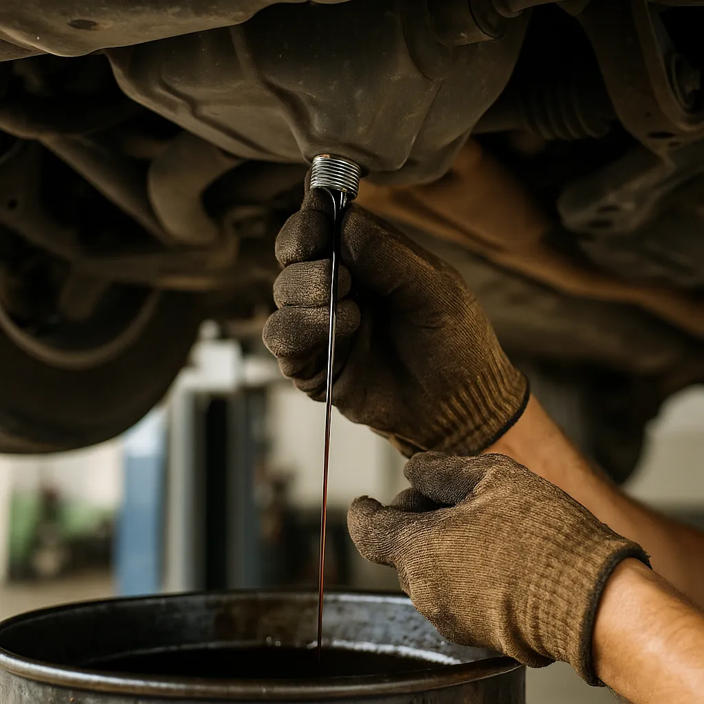 정비사가 차량 밑에서 엔진오일을 교체하는 모습