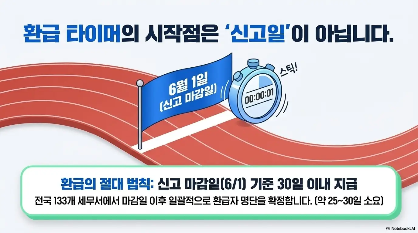 종합소득세 환급일: 환급 타이머의 시작점이 신고일이 아니라 신고 마감일(6월 1일)이라는 것을 트랙 위 깃발과 스톱워치로 설명하는 인포그래픽 이미지. 이 이미지는 신고 마감일 기준 30일 이내 환급금이 지급된다는 핵심 정보를 시각적으로 전달하며&amp;#44; 블로그의 종합소득세 환급일 산정 기준과 관련된 내용을 설명함 