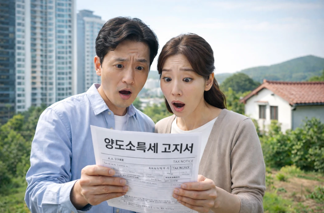 2026년 다주택자 양도세 중과로 양도소득세 고지서를 보고 놀라는 40대 한국 부부, 서울 아파트와 시골주택 대비 이미지