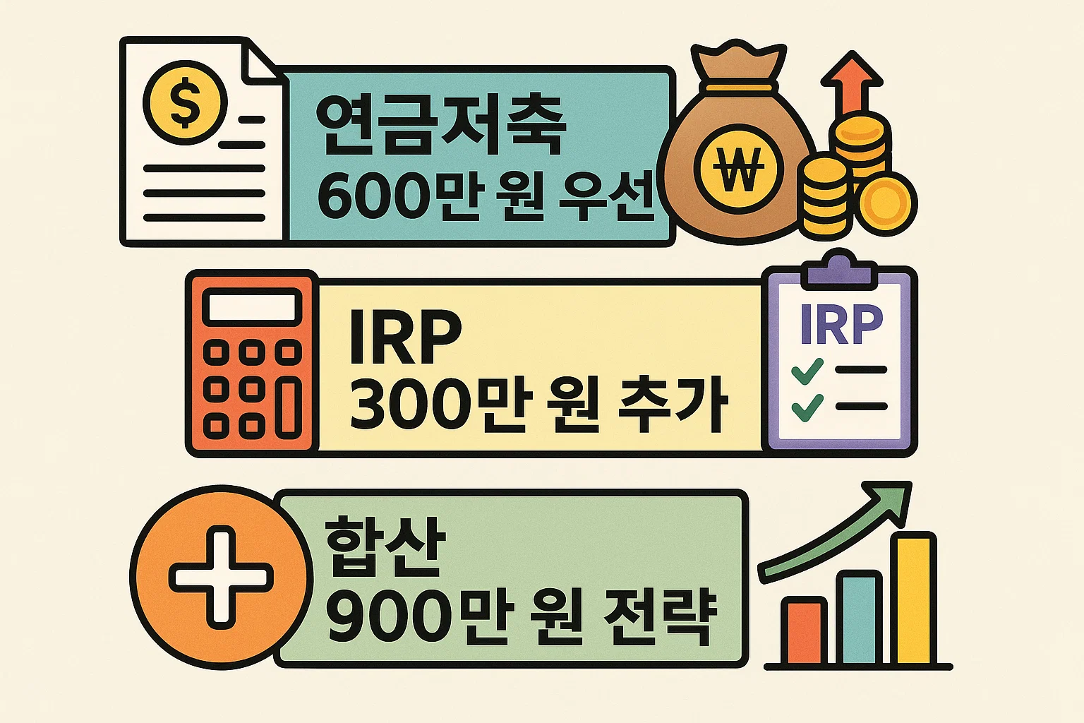 연금저축 600만원, IRP 300만원을 조합해 합산 900만원 공제를 달성하는 절세 납입전략을 데이터 기반으로 정리한 인포그래픽입니다.