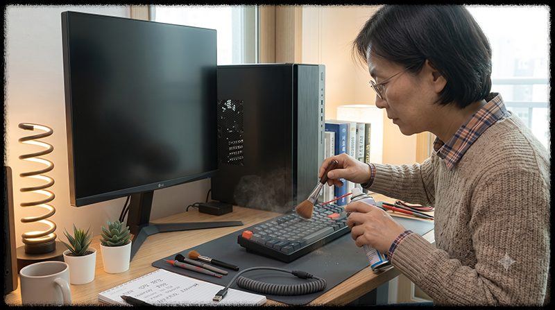 키보드 키 사이를 청소하고 USB 연결 상태를 점검하는 모습