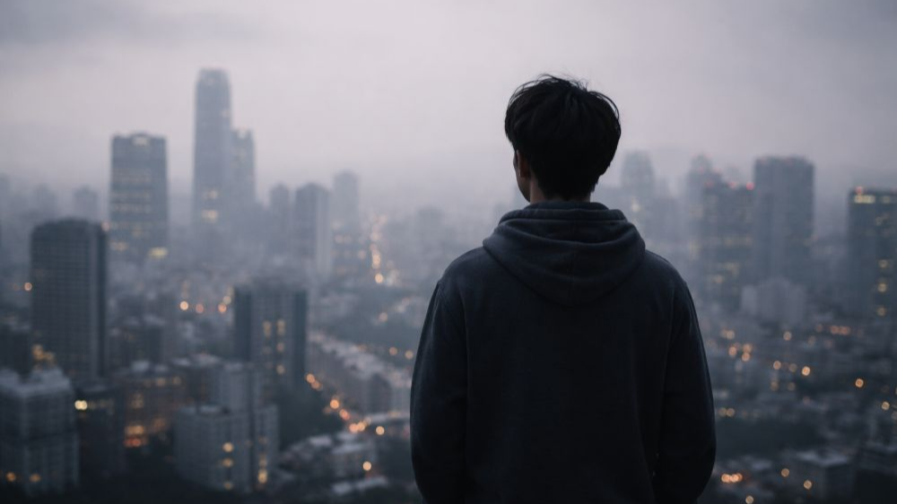 회색 톤의 도시 야경을 배경으로, 옥상에서 뒷모습으로 서 있는 청년의 실루엣