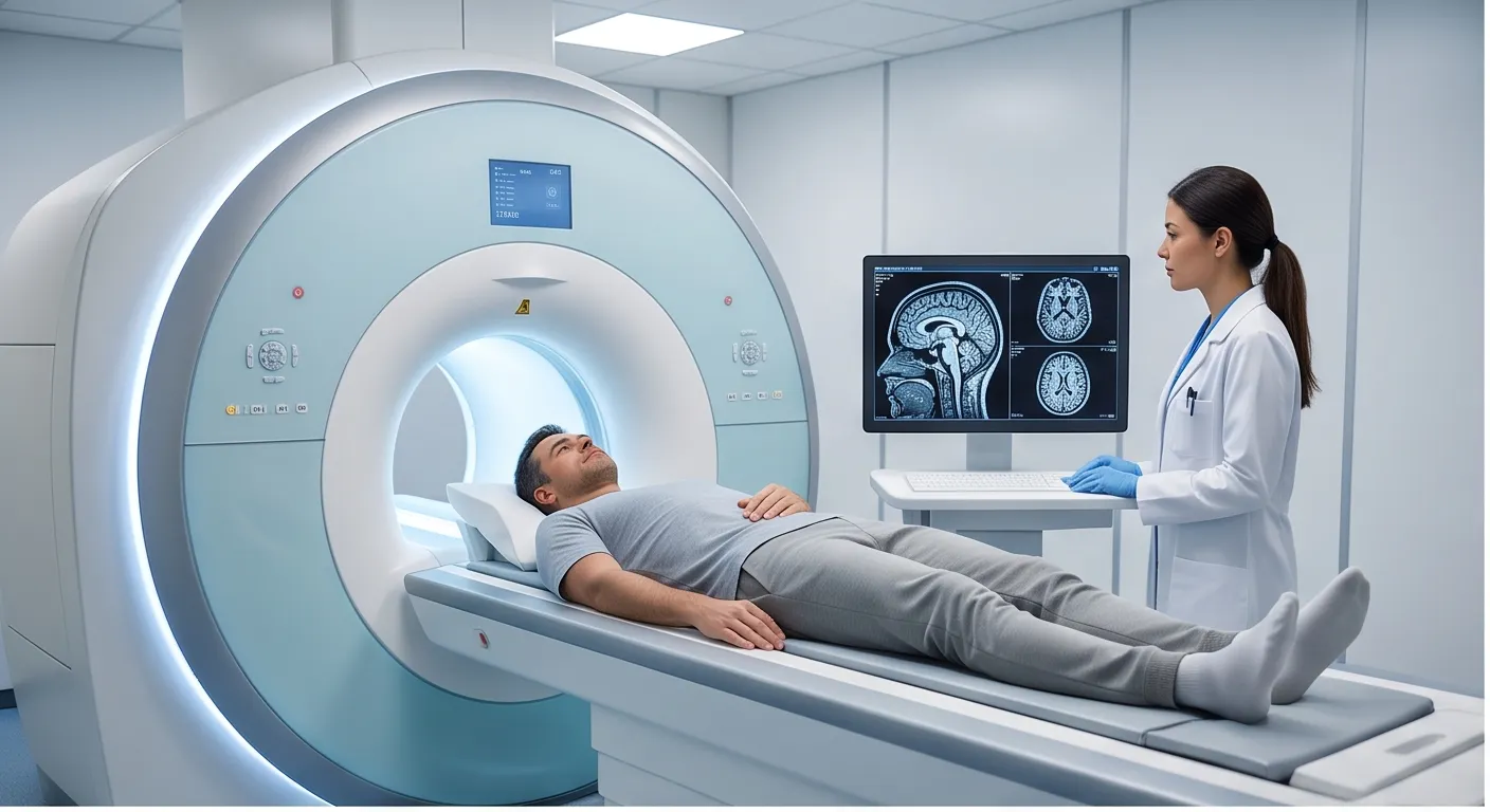 병원 검사실에서 남성 환자가 누워 뇌 MRI 촬영 검사를 받고 의료진이 모니터로 결과를 확인하는 모습