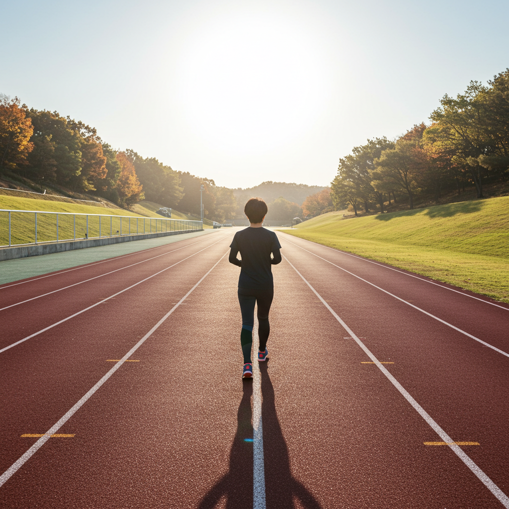 한 중년의 한국인이 밝은 미래를 향해 뻗어있는 달리기 트랙 출발선에 서 있는 모습. 약 없이 당뇨 관리를 시작하는 도전을 상징.