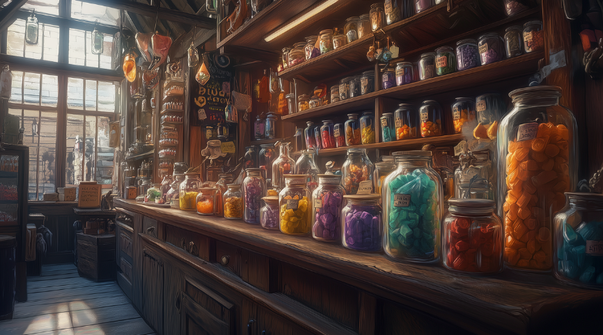 화이트데이의 역사와 과학, 암호화폐 이야기를 담은 포스팅을 위한 빈티지한 사탕 가게 내부의 다양한 사탕 유리병 이미지