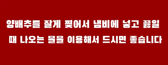 양배추를 잘게 찢어서 냄비에 넣고 끓일 때 나오는 물을 이용해서 드시면 좋습니다