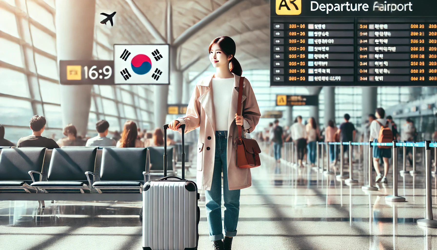 공항에서 여행을 떠날 준비를 하는 모습