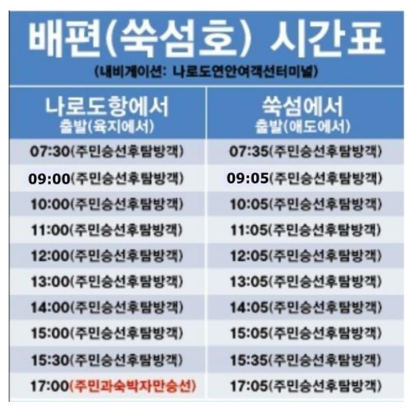 쑥섬 배시간표