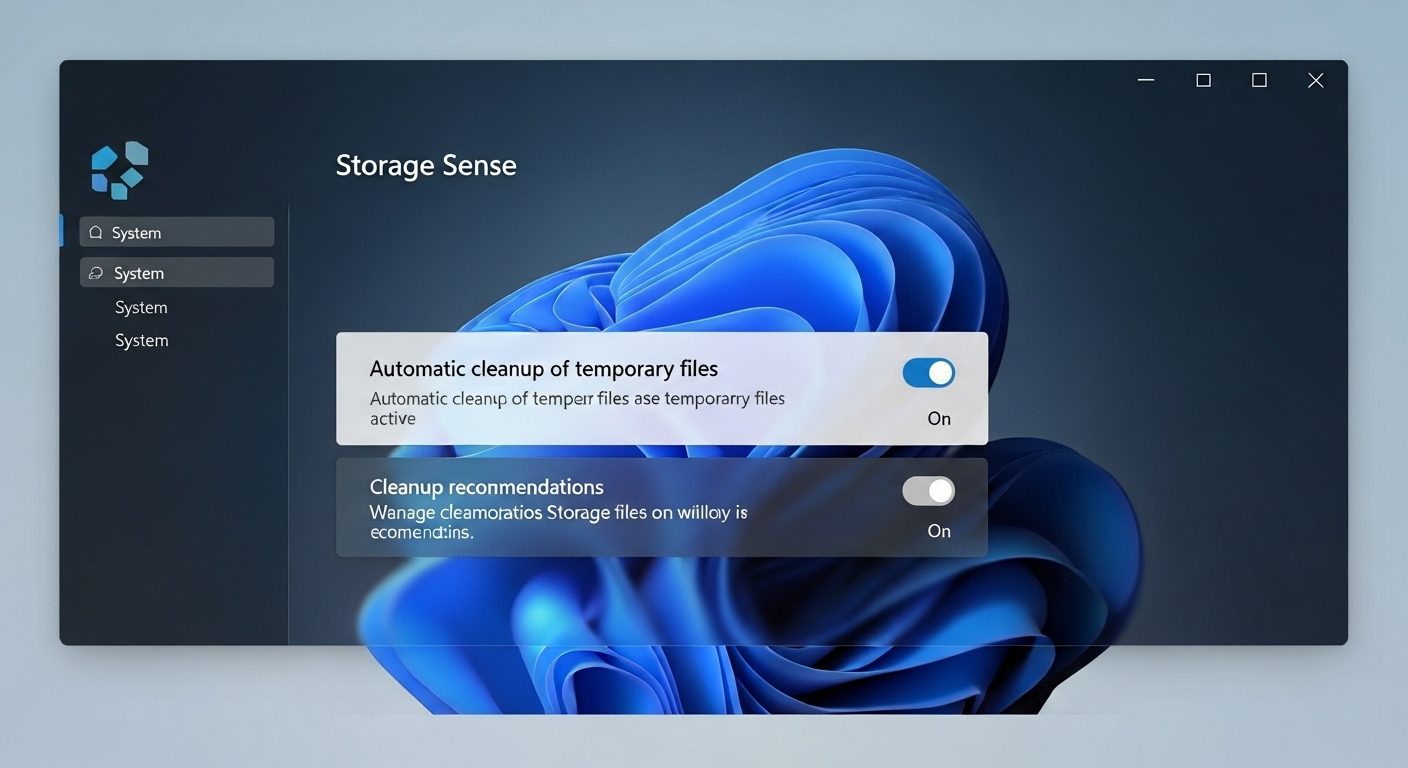 윈도우 11 설정에서 저장 공간 센스 기능이 켜져 있는 화면. 임시 파일 및 시스템 파일 정리를 자동화하여 PC 저장 공간을 효율적으로 관리하는 모습을 보여줍니다.