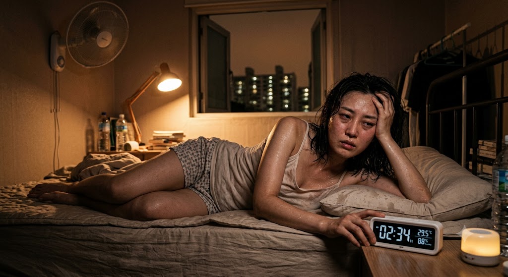 밤늦은 시간에 더위로 인하여 잠을 이루지 못하고 있는 여성의 이미지