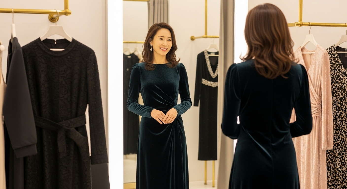 40대 한국 여성이 고급스러운 부티크 피팅룸에서 벨벳 미디 드레스를 입어보며 연말 파티룩을 고르는 즐거운 모습.