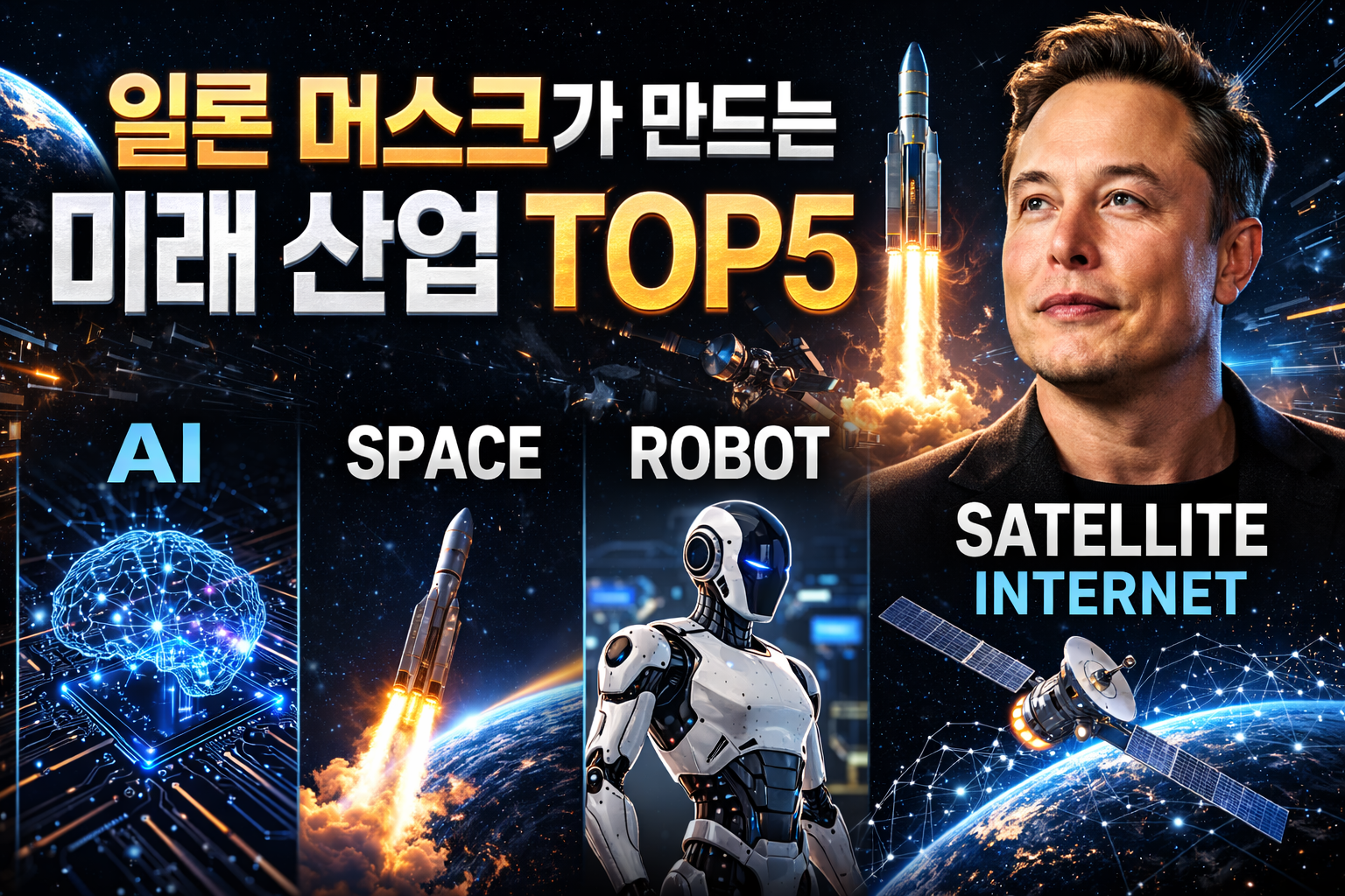 일론 머스크가 이끄는 미래 산업 AI 우주 로봇 위성 인터넷을 설명하는 투자 분석 이미지