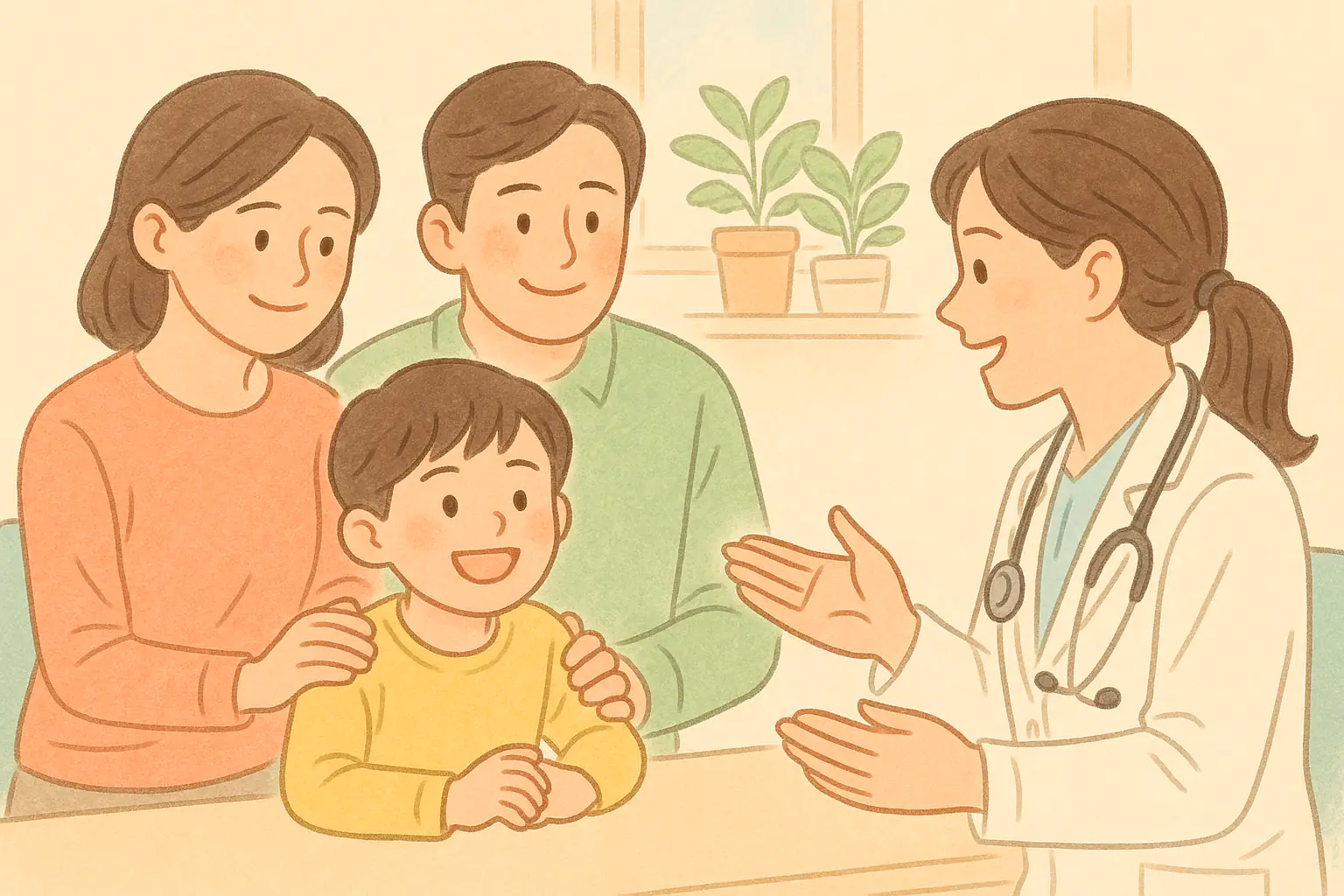 밝은 표정의 남자 아이와 부모가 의료진과 함께 상담하며 안심하는 장면