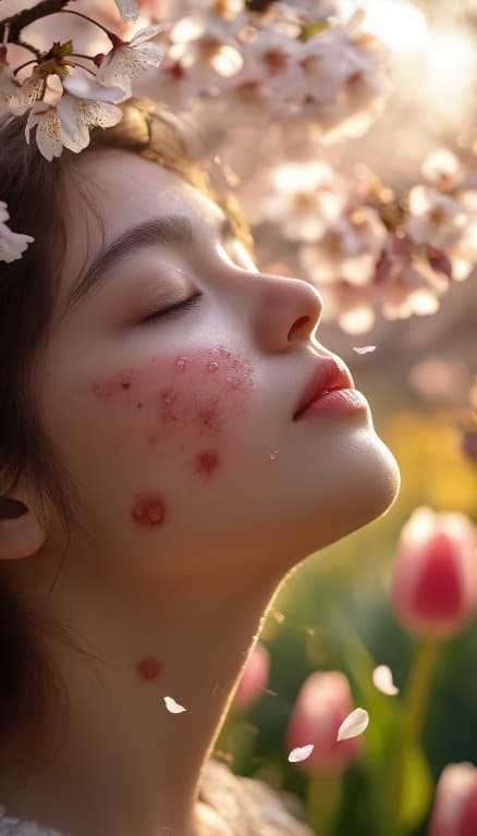 봄 풍경(꽃, 햇살)과 피부 고민(붉은기, 건조함, 뾰루지)을 함께 보여주는 이미지